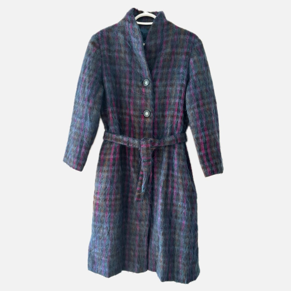 60s plaid mohair full length belted jacket